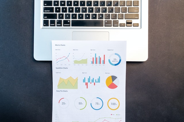 paper with different charts tracking growth and spending